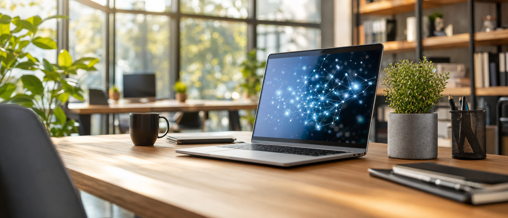 KI & Prozesse – modernes Büro mit Laptop und KI-Visualisierung